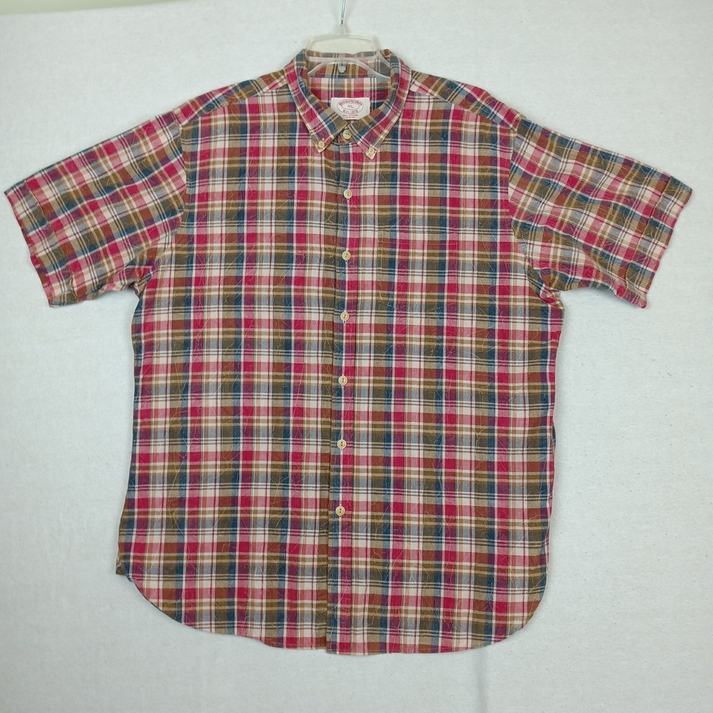 Brooks Brothers Mens XL (X Slim) Acid Wash Plaid Short Sleeve Button Down Shirt